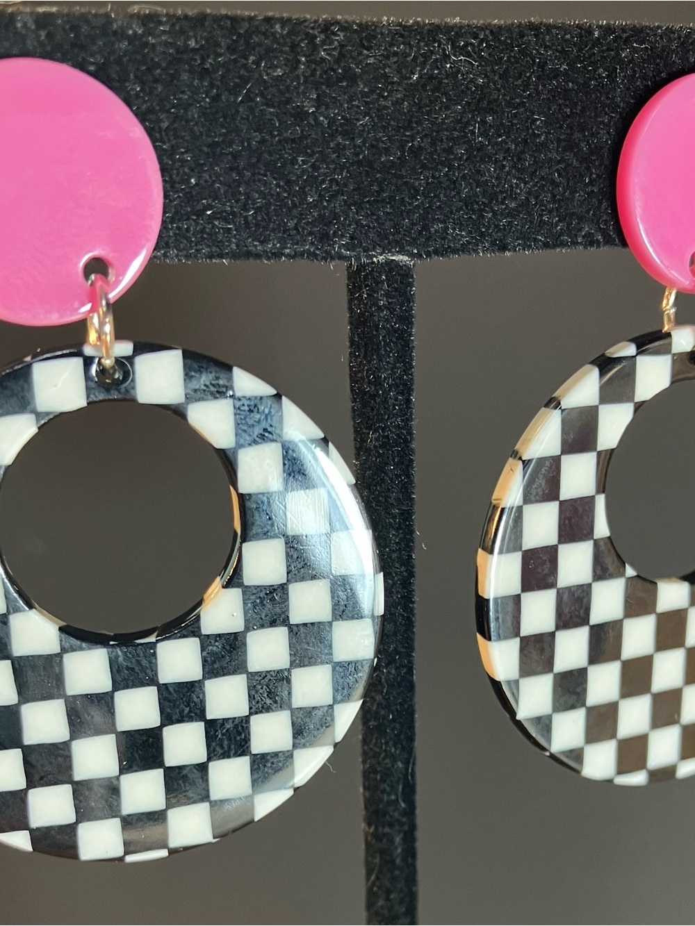 Pink & Black Checker Resin Hoop Earrings